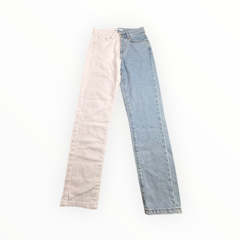 Adika Jeans Womens S Blue‎ White Two Tone Split Leg High Waisted Straight Denim